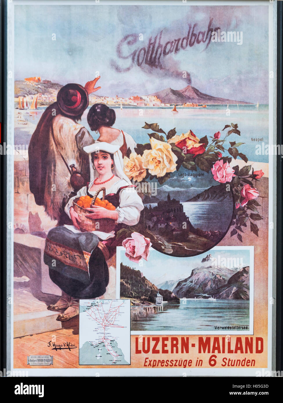 Vintage advertisement of SBB, the Swiss Federal Railways, promoting the Gotthard railway line. Stock Photo
