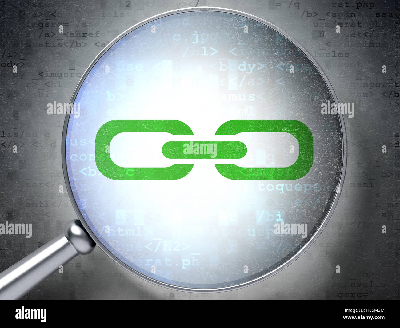 Web development concept: Link with optical glass on digital background ...