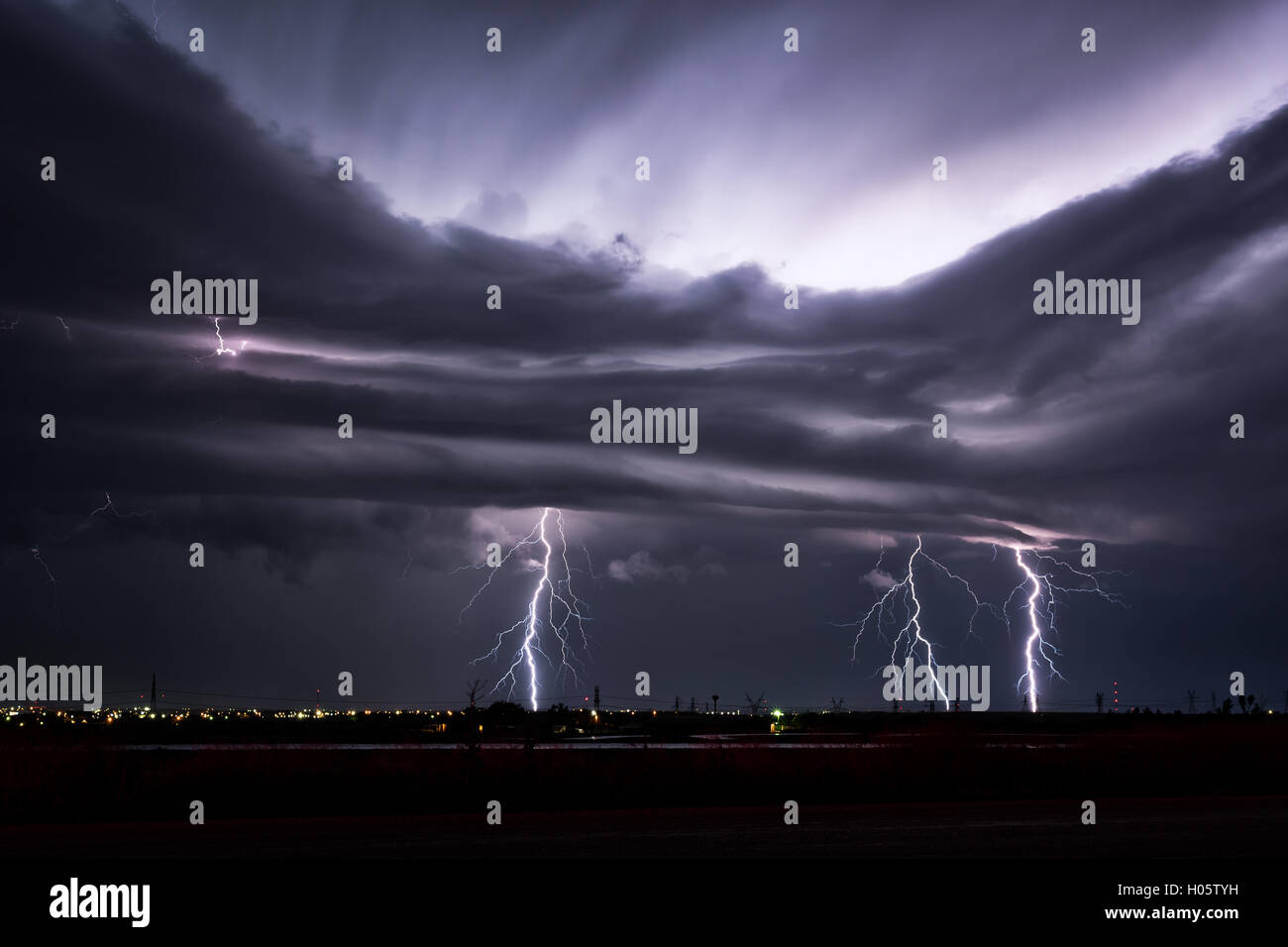Lightning strikes during a thunderstorm near Snyder, Texas Stock Photo