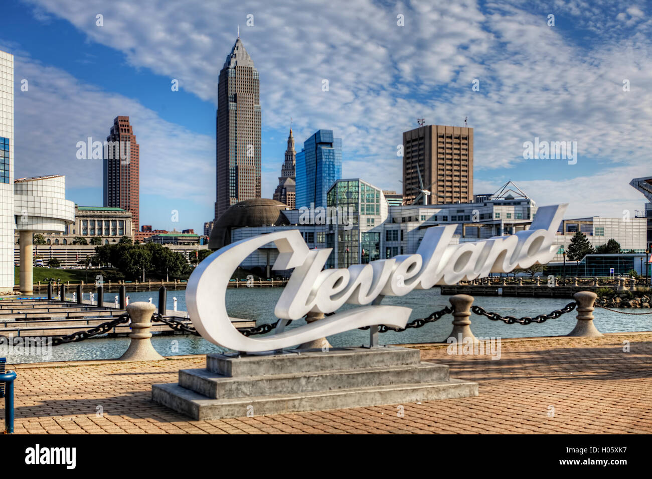 A View of Cleveland lettering in front of skyline Stock Photo