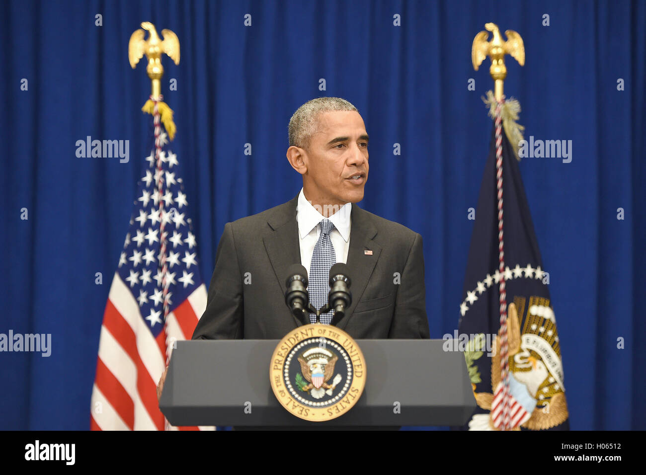 United States President Barack Obama holds a press conference about the recent bombing in the New York region at the Lotte New York Palace Hotel in New York, New York, on September 19, 2016. On the evening of September 17, 2016, a bomb placed in a dumpster exploded in lower Manhattan injuring at least 29 people.  Credit: Anthony Behar / Pool via CNP /MediaPunch Stock Photo