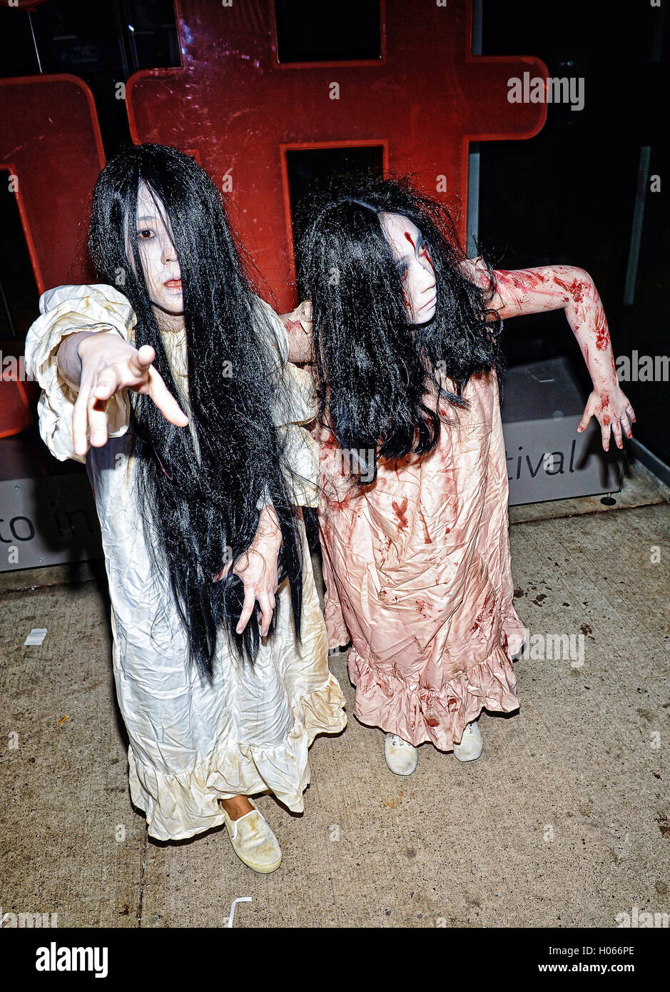 Toronto, Ontario, Canada. 17th Sep, 2016. 17 September 2016 - Toronto, Ontario Canada - Sadako and Kayako. Iconic Japanese movie monsters from The Ring and The Grudge at ''Sadako vs. Kayako'' photo-op Toronto, Ontario, Canada. 17th Sep, 2016. 17 September 2016 - Toronto, Ontario Canada - Sadako and Kayako. Iconic Japanese movie monsters from The Ring and The Grudge at ''Sadako vs. Kayako'' photo-op