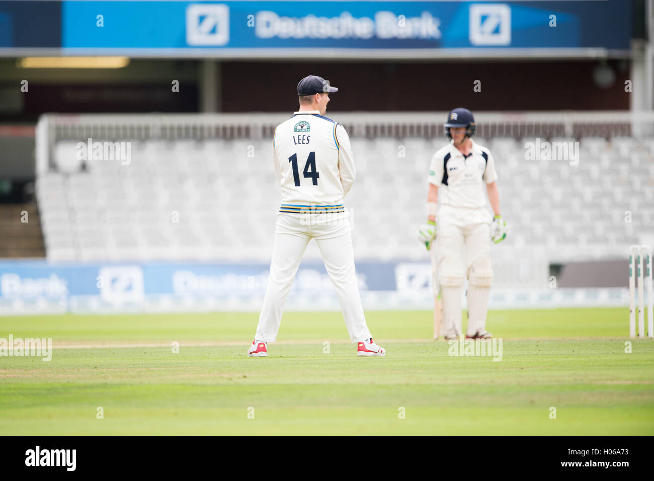 London, UK. 20th Sep, 2016. Yorkshire captain Alex Lees fielding during day one of the Specsavers County Championship Division One match between Middlesex and Yorkshire at Lords on September 20, 2016 in London, England. Credit:  Michael Jamison/Alamy Live News Stock Photo