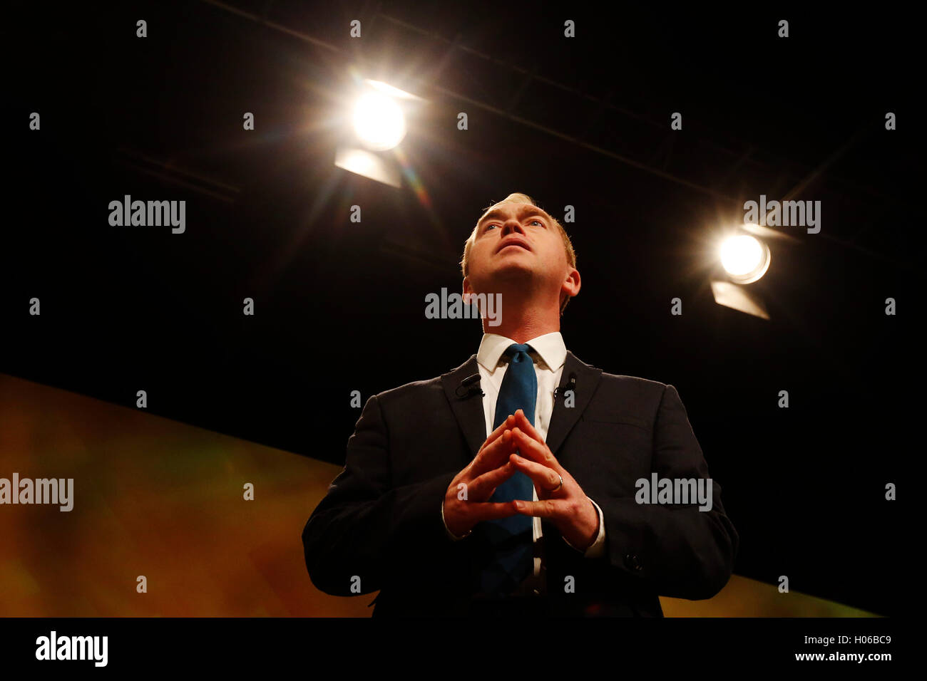 Brighton, UK. 20th Sep, 2016. Tim Farron, Party Leader gives his keynote speech during the Liberal Democrats Autumn Conference at Brighton, UK, Tuesday September 20, 2016.       Credit:  Luke MacGregor/Alamy Live News Stock Photo