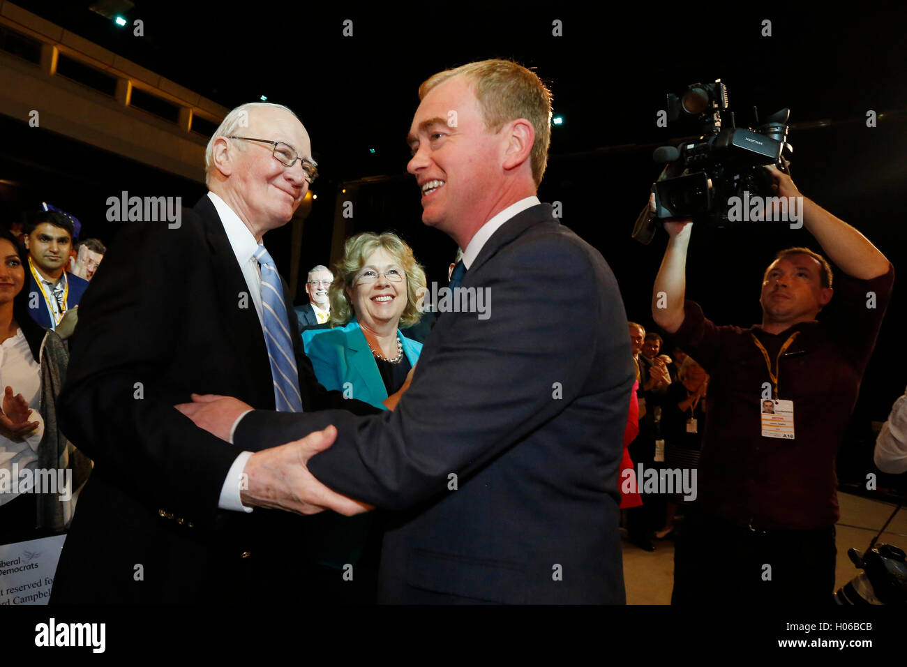 Brighton, UK. 20th Sep, 2016. Tim Farron, Party Leader greets Menzies 'Ming'  Campbell  at the close of his keynote speech during the Liberal Democrats Autumn Conference at Brighton, UK, Tuesday September 20, 2016.       Credit:  Luke MacGregor/Alamy Live News Stock Photo