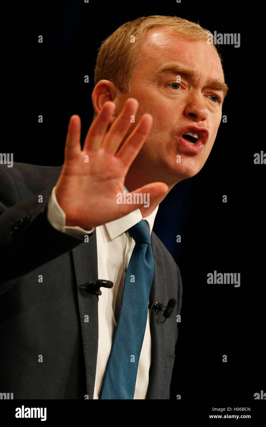 Brighton, UK. 20th Sep, 2016. Tim Farron, Party Leader gives his keynote speech during the Liberal Democrats Autumn Conference at Brighton, UK, Tuesday September 20, 2016.       Credit:  Luke MacGregor/Alamy Live News Stock Photo