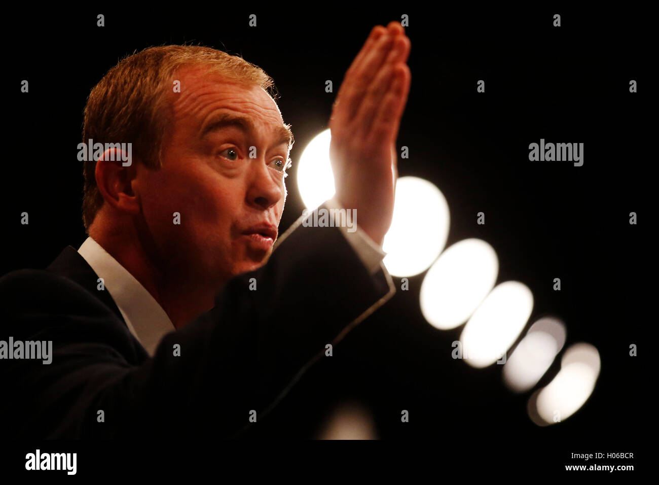 Brighton, UK. 20th Sep, 2016. Tim Farron, Party Leader gives his keynote speech during the Liberal Democrats Autumn Conference at Brighton, UK, Tuesday September 20, 2016.       Credit:  Luke MacGregor/Alamy Live News Stock Photo