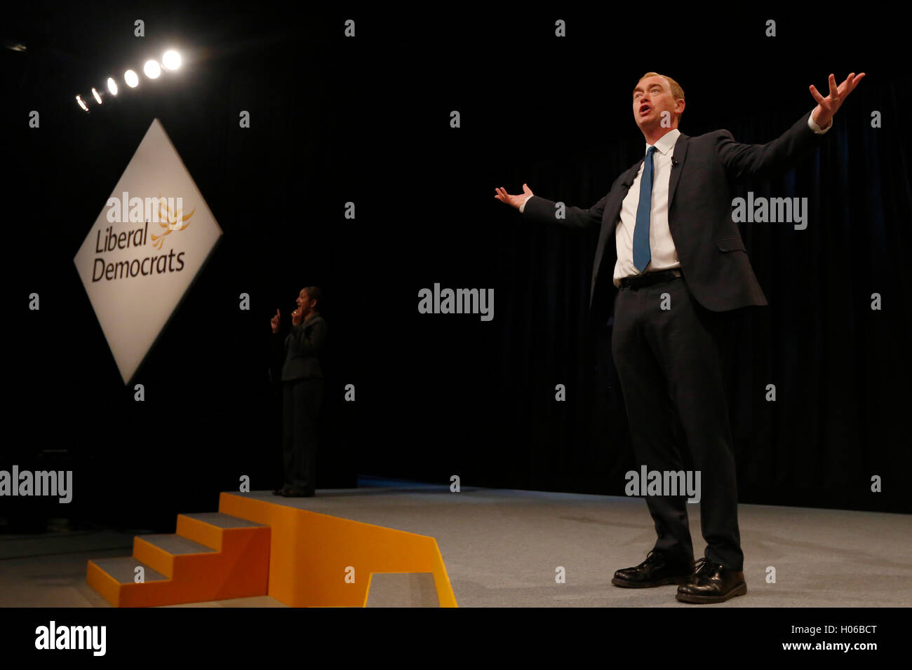 Brighton, UK. 20th Sep, 2016. Tim Farron, Party Leader gives his keynote speech during the Liberal Democrats Autumn Conference at Brighton, UK, Tuesday September 20, 2016.       Credit:  Luke MacGregor/Alamy Live News Stock Photo