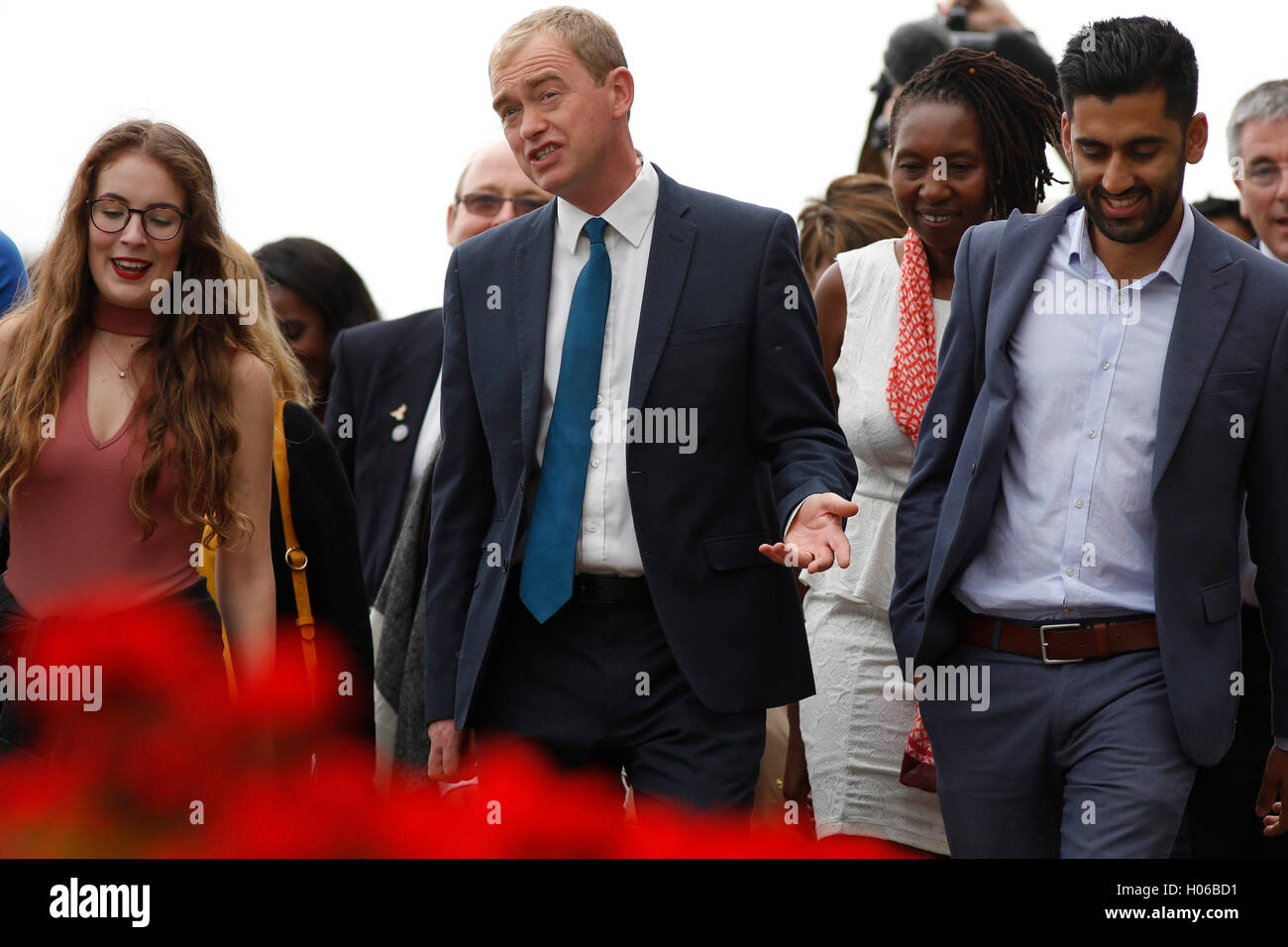 Brighton, UK. 20th Sep, 2016. Tim Farron, Party Leader arrives with party members to give his keynote speech during the Liberal Democrats Autumn Conference at Brighton, UK, Tuesday September 20, 2016.       Credit:  Luke MacGregor/Alamy Live News Stock Photo