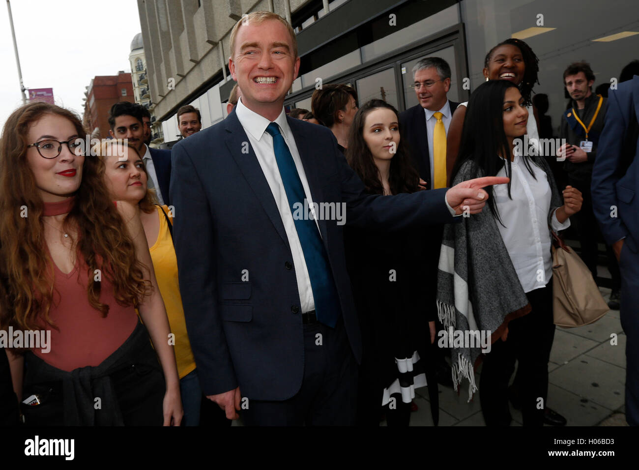 Brighton, UK. 20th Sep, 2016. Tim Farron, Party Leader arrives with party members to give his keynote speech during the Liberal Democrats Autumn Conference at Brighton, UK, Tuesday September 20, 2016.       Credit:  Luke MacGregor/Alamy Live News Stock Photo