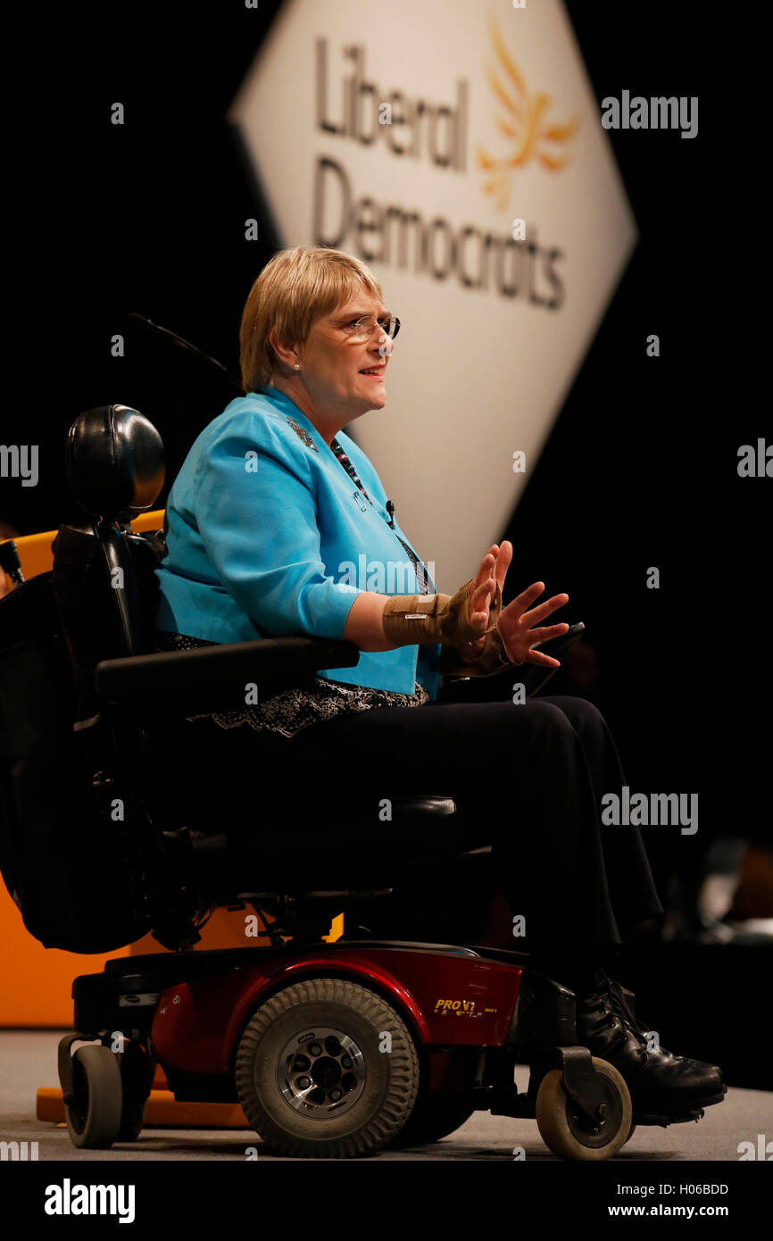 Brighton, UK. 20th Sep, 2016. Party president, Sarah Brinton, Baroness Brinton, known as Sal Brinton speaks during the Liberal Democrats Autumn Conference at Brighton, UK, Tuesday September 20, 2016.       Credit:  Luke MacGregor/Alamy Live News Stock Photo