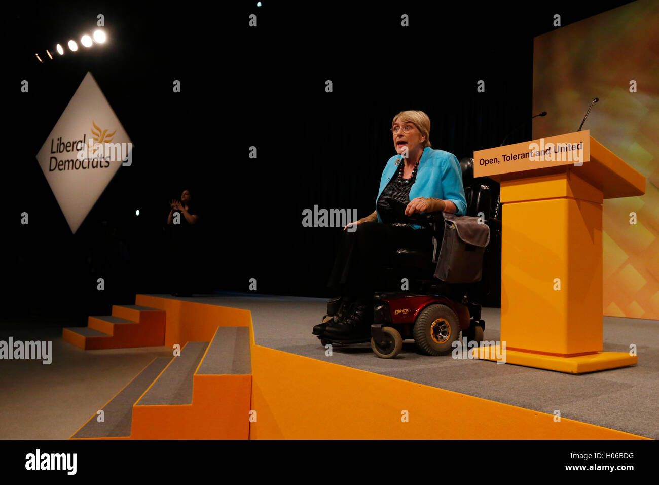 Brighton, UK. 20th Sep, 2016. Party president, Sarah Brinton, Baroness Brinton, known as Sal Brinton speaks during the Liberal Democrats Autumn Conference at Brighton, UK, Tuesday September 20, 2016.       Credit:  Luke MacGregor/Alamy Live News Stock Photo