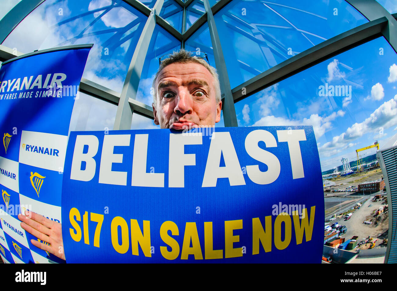 Belfast, Northern Ireland. 20 Sep 2016 - Michael O'Leary, CEO of Ryanair, criticises the Northern Ireland Assembly, calls for the scrapping of Airline Passenger Duty in Northern Ireland, and announces more seats from Belfast. Credit:  Stephen Barnes/Alamy Live News Stock Photo