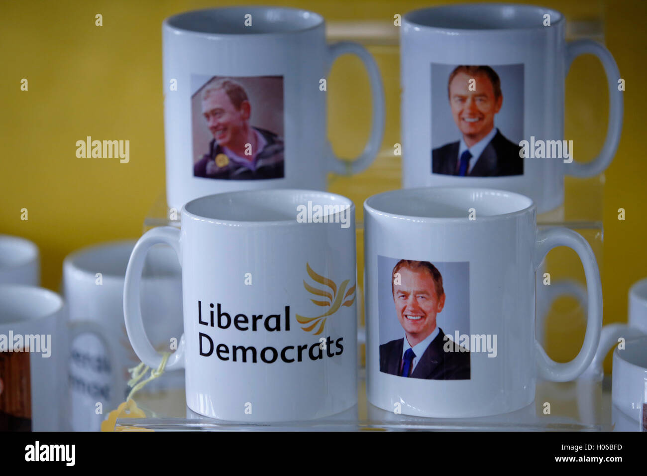 Brighton, UK 20th Sep, 2016 Mugs featuring Tim Farron, Party Leader picture are on sale at  the Liberal Democrats Autumn Conference at Brighton, UK, Tuesday September 20, 2016. Credit:  Luke MacGregor/Alamy Live News Stock Photo