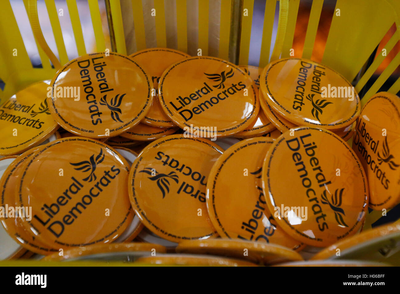 Brighton, UK 20th Sep, 2016 Liberal Democrat badges are on sale at  the Liberal Democrats Autumn Conference at Brighton, UK, Tuesday September 20, 2016. Credit:  Luke MacGregor/Alamy Live News Stock Photo