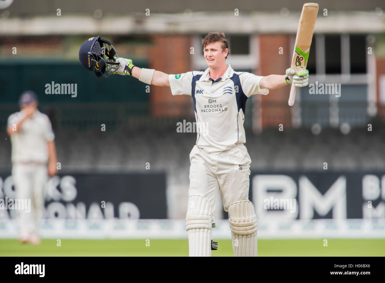 London, UK. 20th Sep, 2016. Nick Gubbins of Middlesex bats celebrates reaching his century during day one of the Specsavers County Championship Division One match between Middlesex and Yorkshire at Lords on September 20, 2016 in London, England. Credit:  Michael Jamison/Alamy Live News Stock Photo