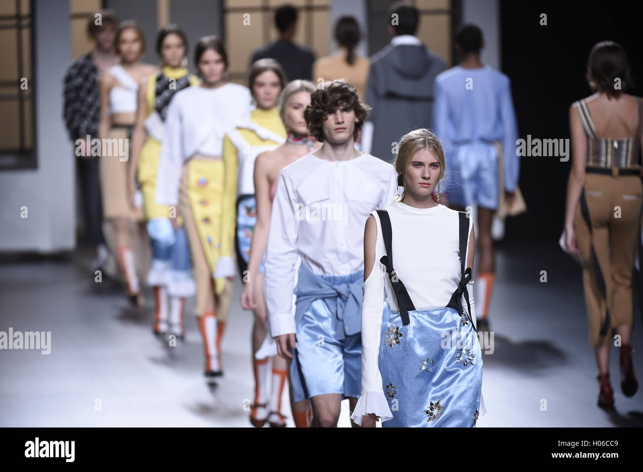A model wears at collection runway a creation from Habey during Samsung ...