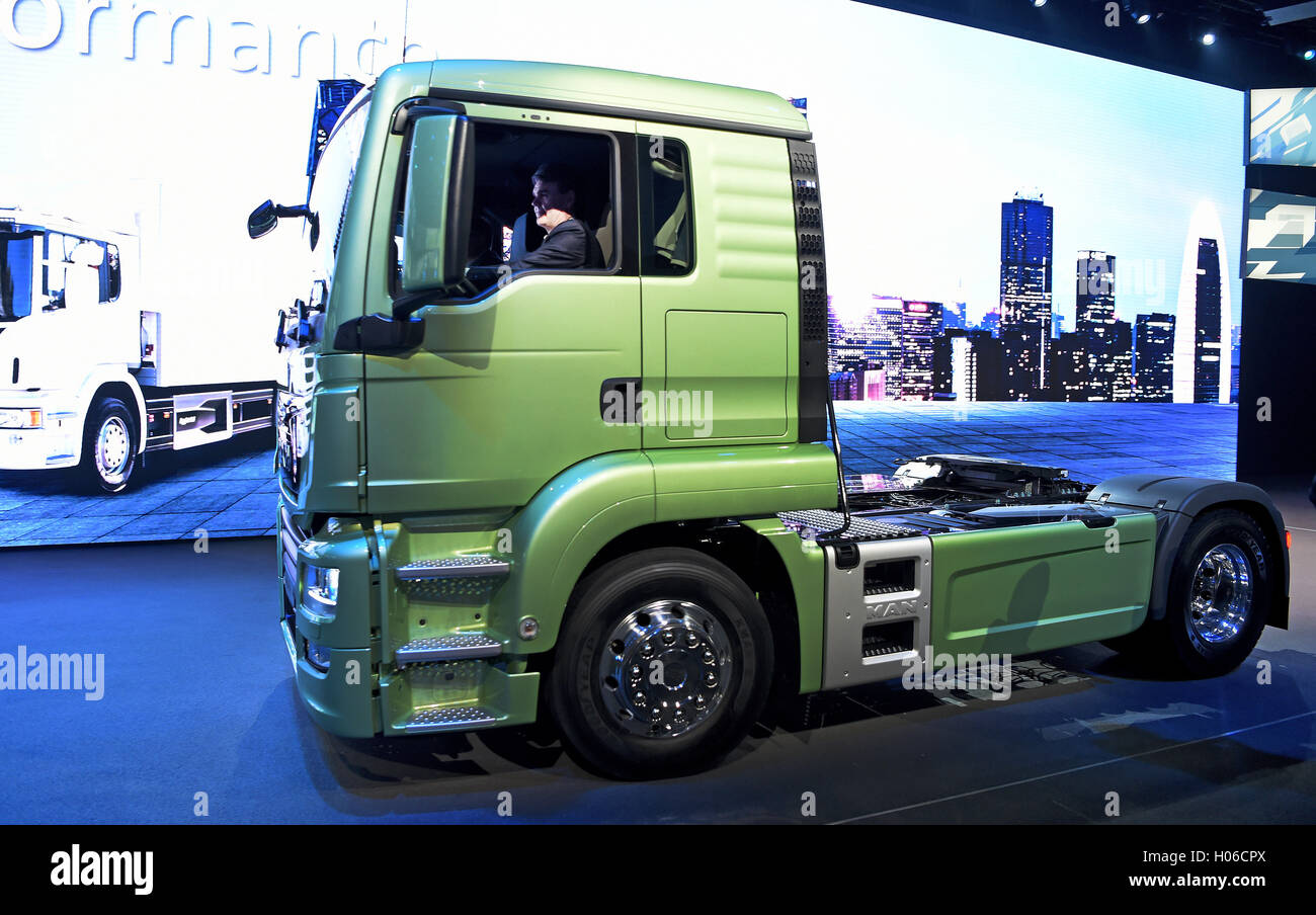 The prototype of a MAN eMobility Truck on show at the Volkswagen Truck & Bus Start-Up Night in Hanover, Germany, 20 September 2016. Before the start of the IAA, innovative products, services, and topics will be presented by MAN, Scania, Volkswagen Caminhoes e Onibus and Volkswagen Commercial Vehicles.    PHOTO: HOLGER HOLLEMANN/DPA Stock Photo