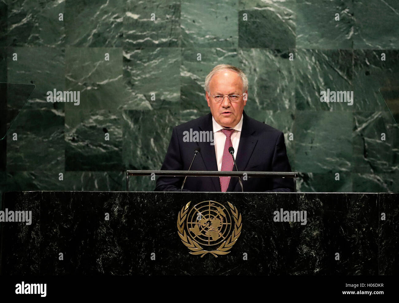 United Nations. 20th Sep, 2016. Swiss President Johann Schneider-Ammann speaks at the 71st session of the United Nations General Assembly at the UN headquarters in New York, on Sept. 20, 2016. The 71st session of the UN General Assembly on Tuesday opened its annual high-level General Debate at the UN headquarters in New York, with a focus on pushing for the world's sustainable development. Credit:  Wang Ying/Xinhua/Alamy Live News Stock Photo