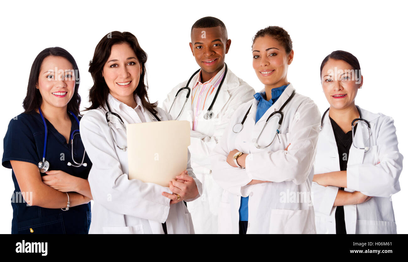 Happy smiling doctor physician nurse practitioner medical team standing together, on white. Stock Photo