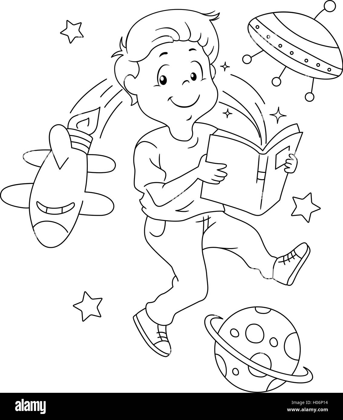 Black and White Illustration of a Space Themed Coloring Page Stock Photo