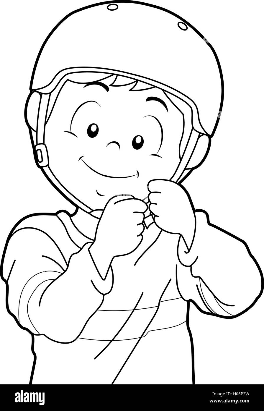 Black and White Coloring Page Illustration Featuring a Boy Putting a Helmet On Stock Photo