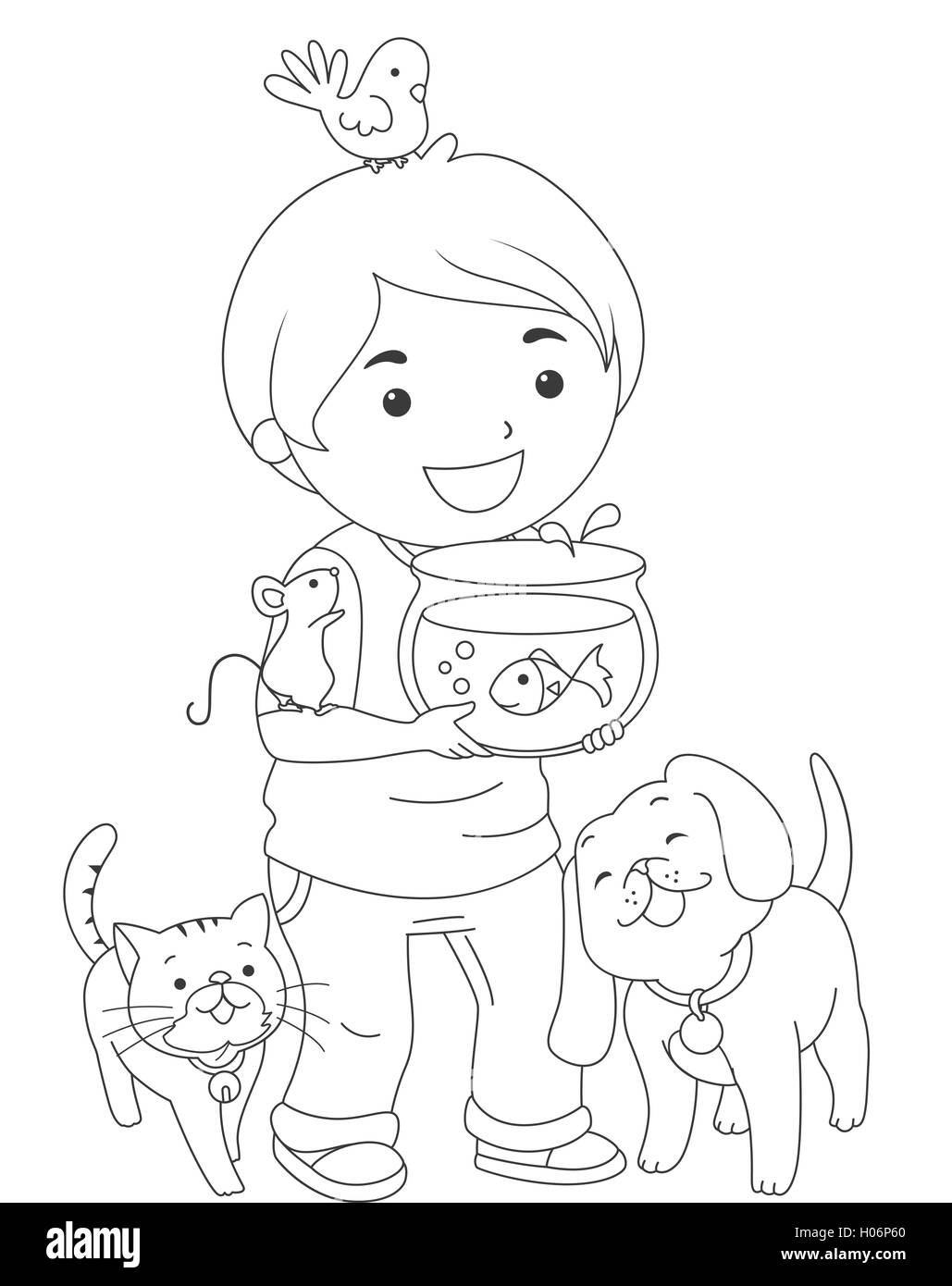 Black and White Coloring Page Illustration of a Boy Carrying Pets Stock Photo