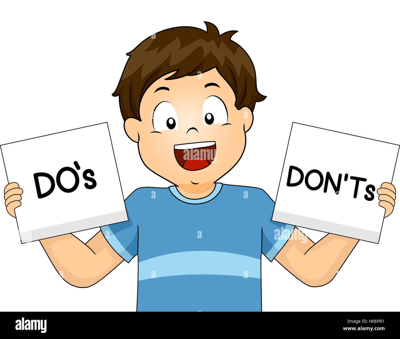 Illustration of a Boy Showing Flashcards of School Rules Stock Photo