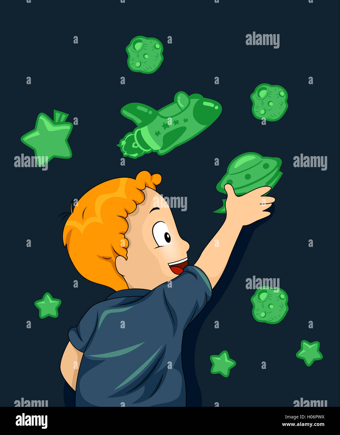 Illustration of a Boy Sticking Space Themed Glow in the Dark Stickers on His Wall Stock Photo