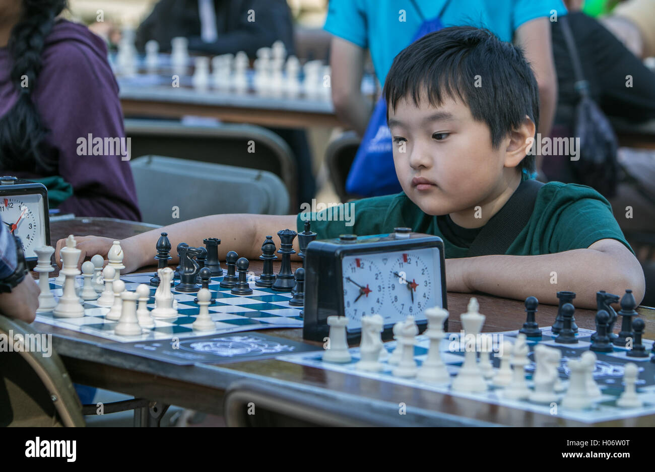 A kid is playing chess. Stock Photo