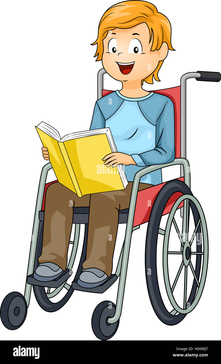 Illustration of a Little Boy in a Wheelchair Reading a Book Stock Photo