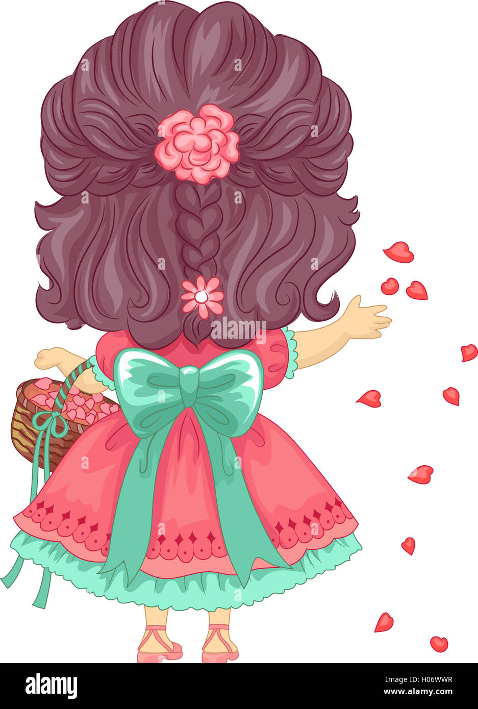 Back View Illustration of a Little Girl Scattering Petals Stock Photo