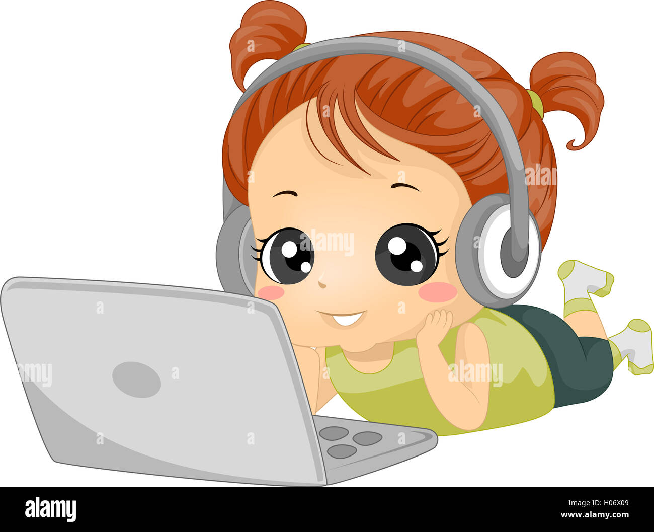 Illustration of a Little Girl Listening to Audio Through Her Laptop