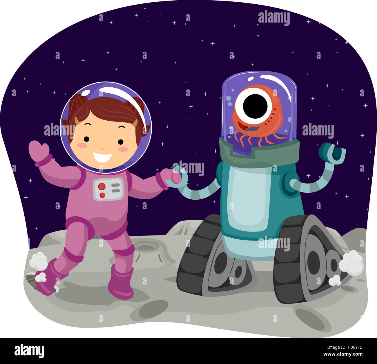 Illustration of a Little Girl Playing with an Alien Stock Photo - Alamy