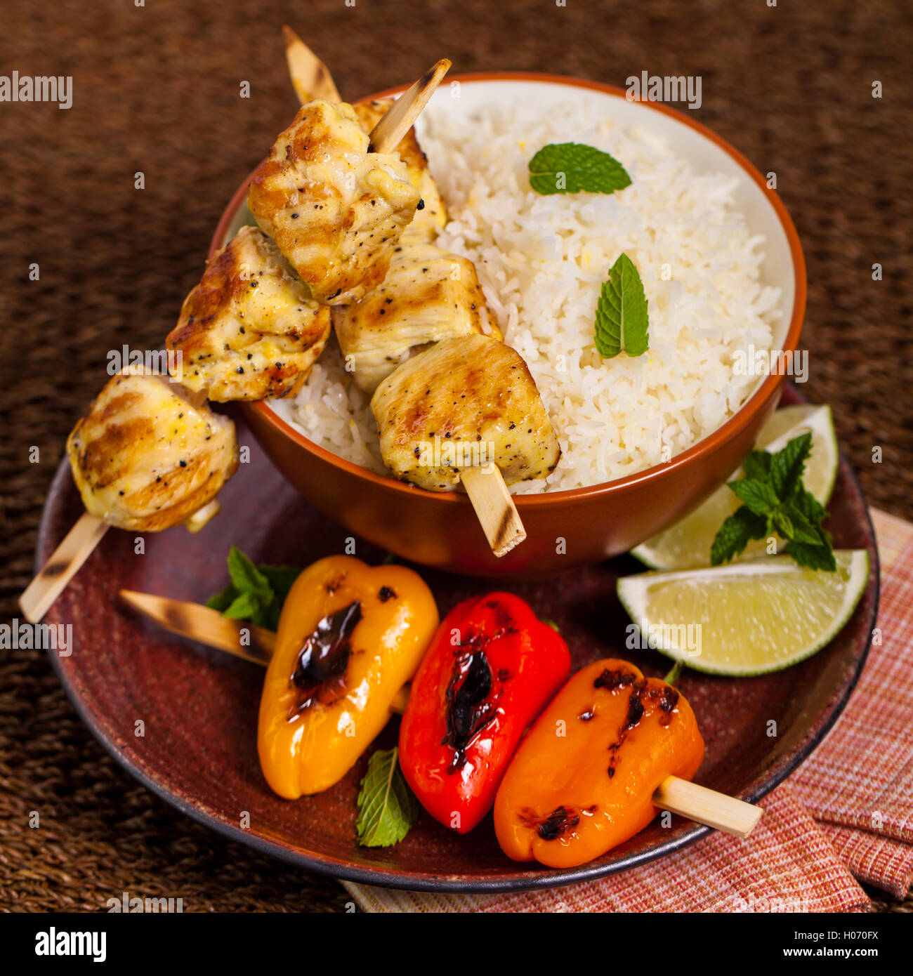 Chicken Kebab with Rice Stock Photo Alamy