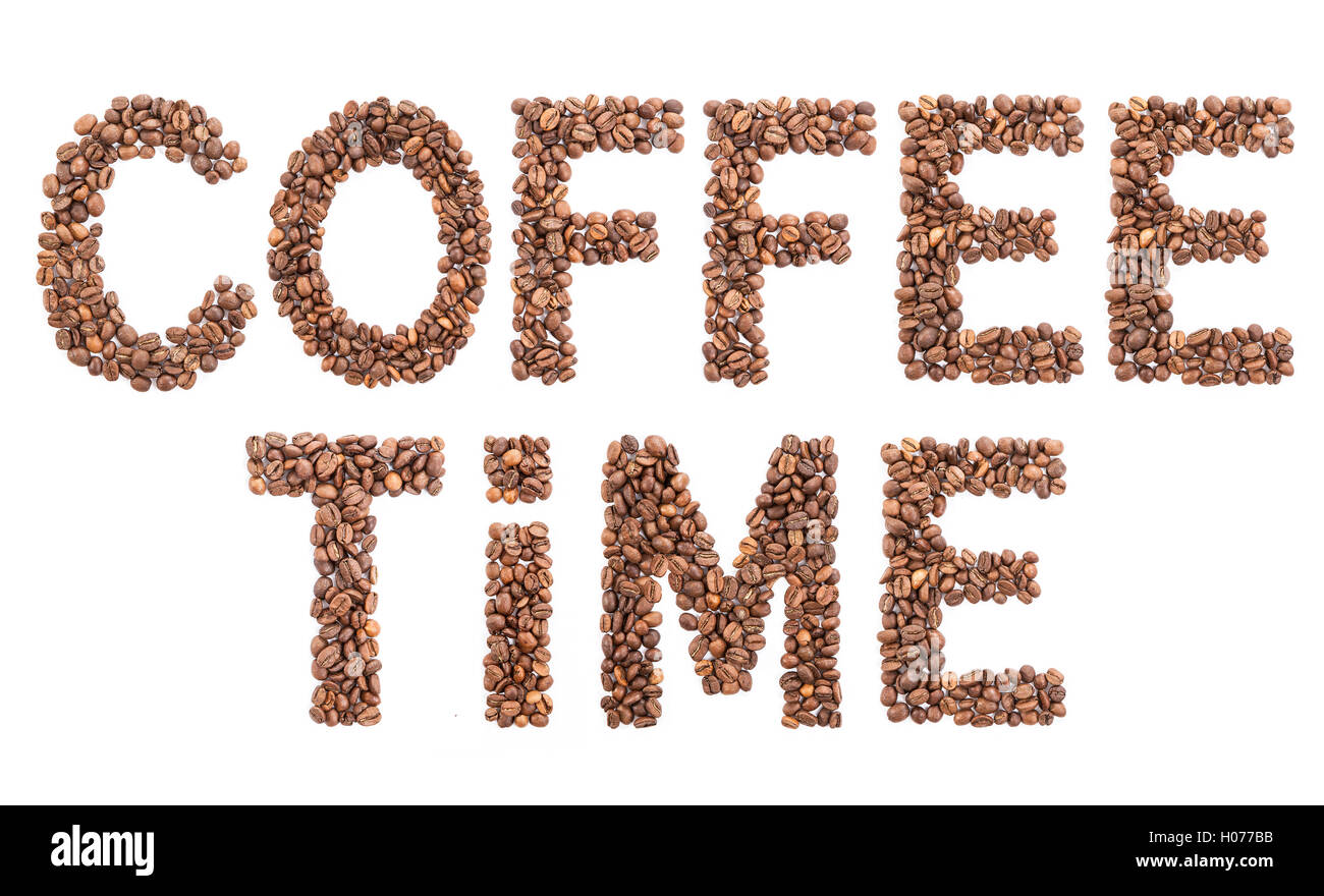 Time Coffee word made from coffee beans, isolated on white background