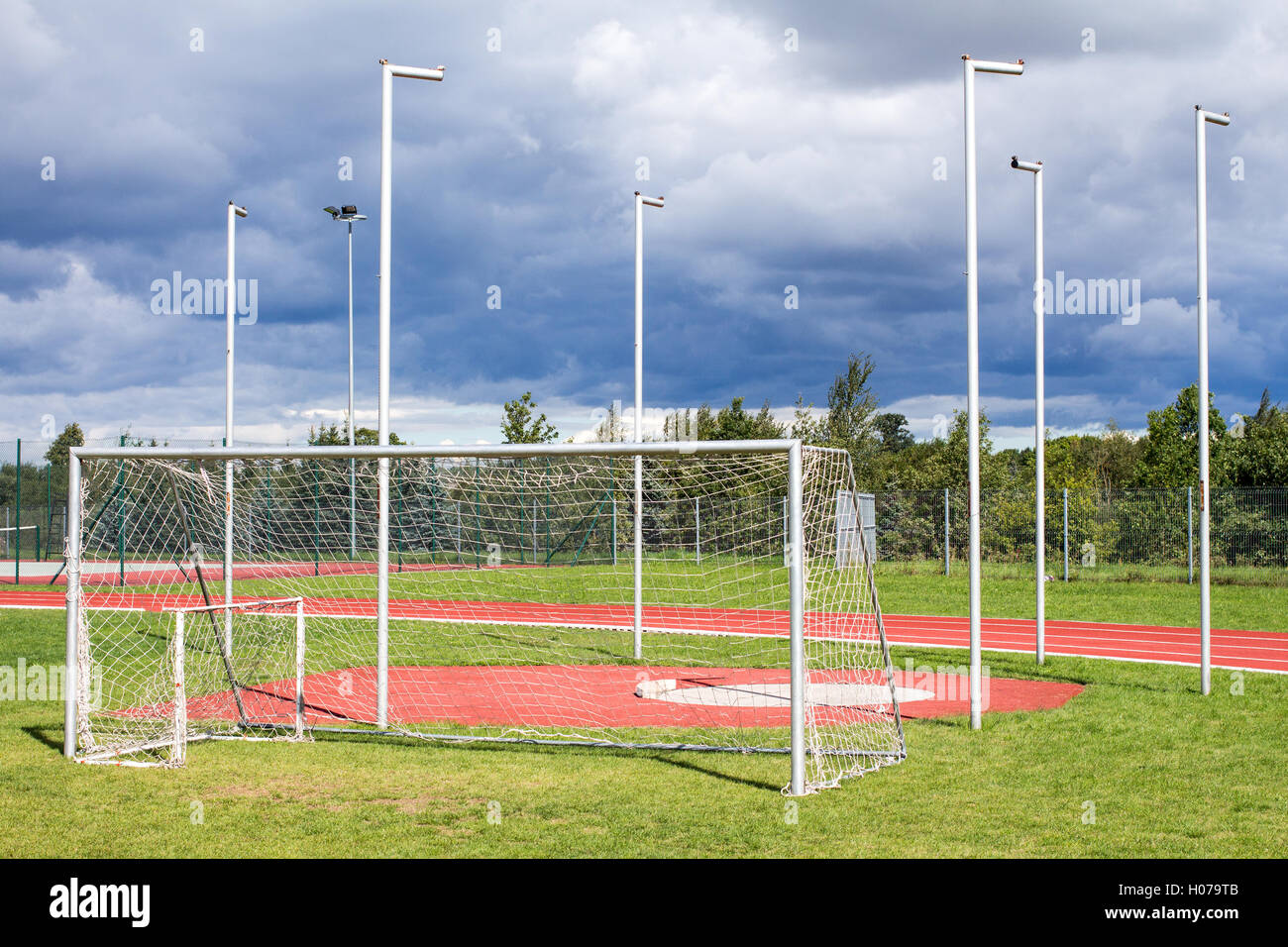 Stadium field with soccer gate,discus throwing sector and running track