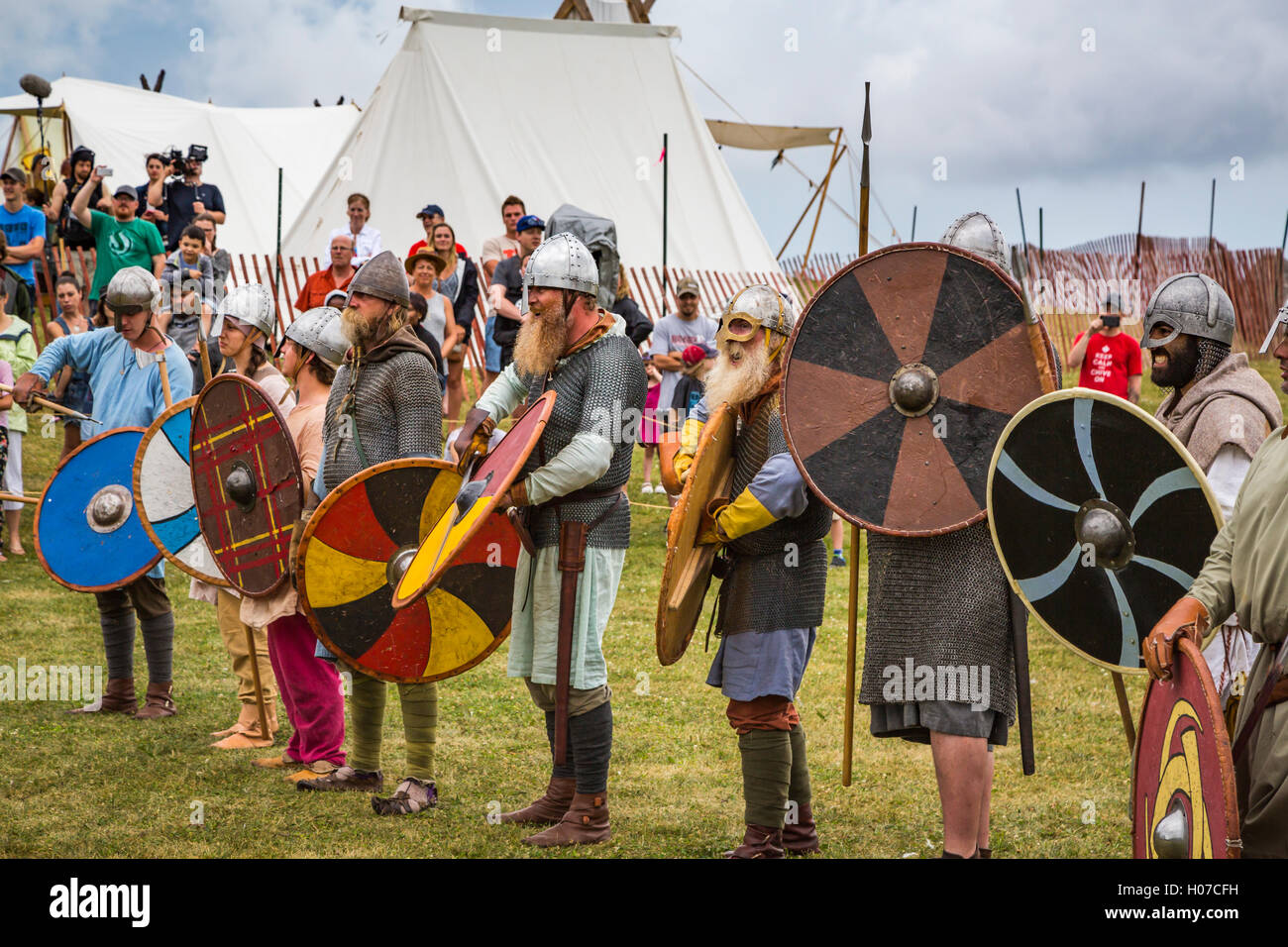 A Viking battle reenactment at the Icelandic Festival in Gimli, Manitoba, Canada. Stock Photo