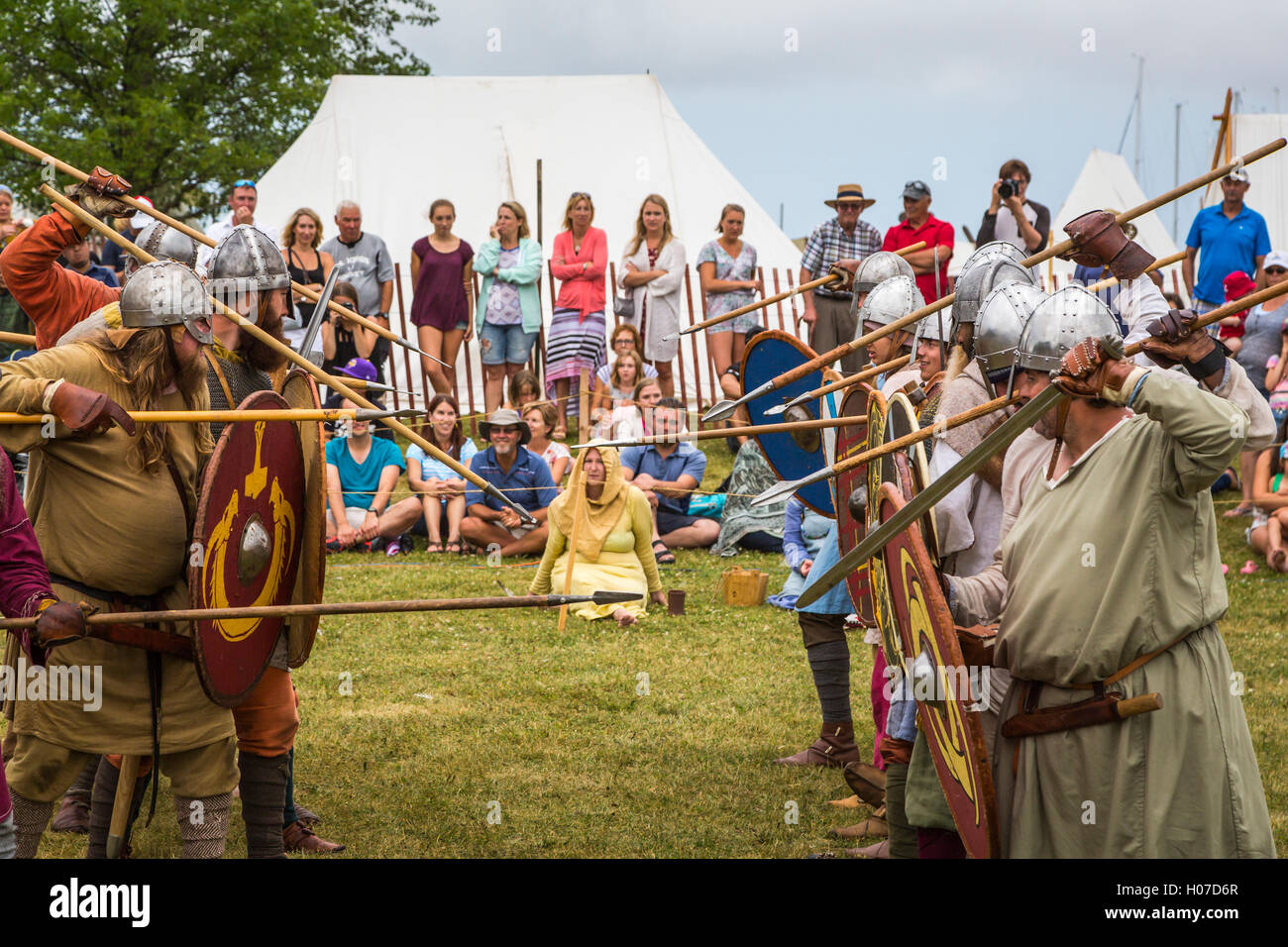 A Viking battle reenactment at the Icelandic Festival in Gimli, Manitoba, Canada. Stock Photo