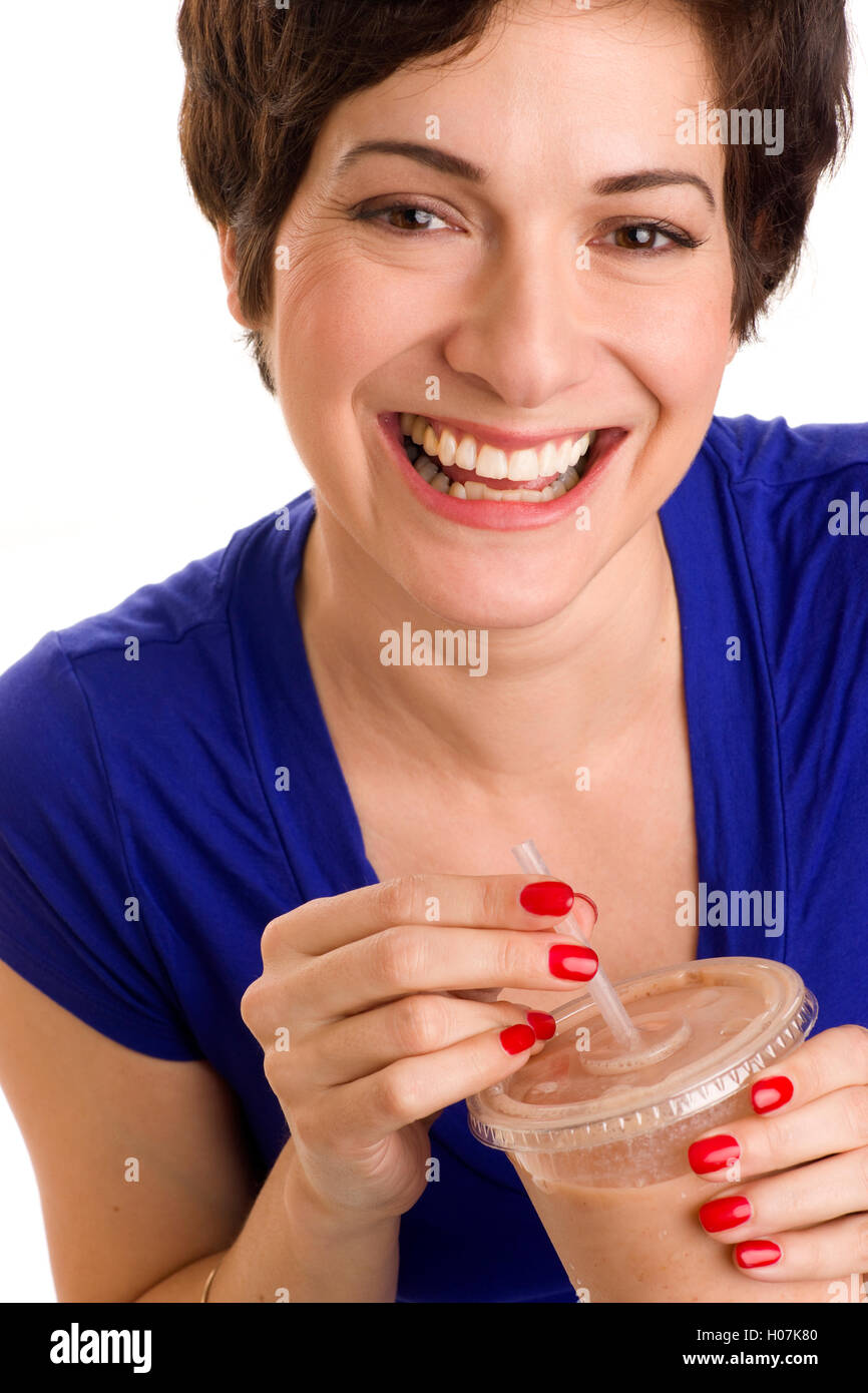 Happy Excited Woman Drinks Blended Healthy Food Fruit Smoothie Stock