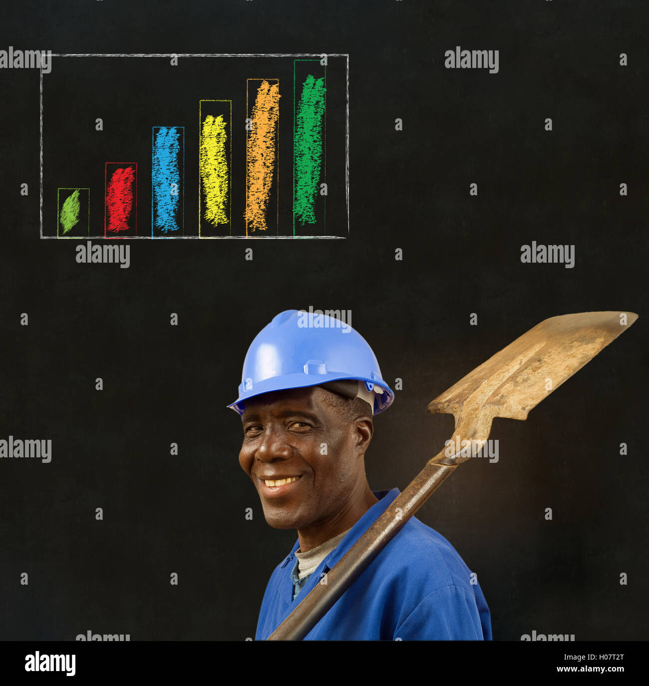 African American black man worker with chalk bar graph on a blackboard background Stock Photo