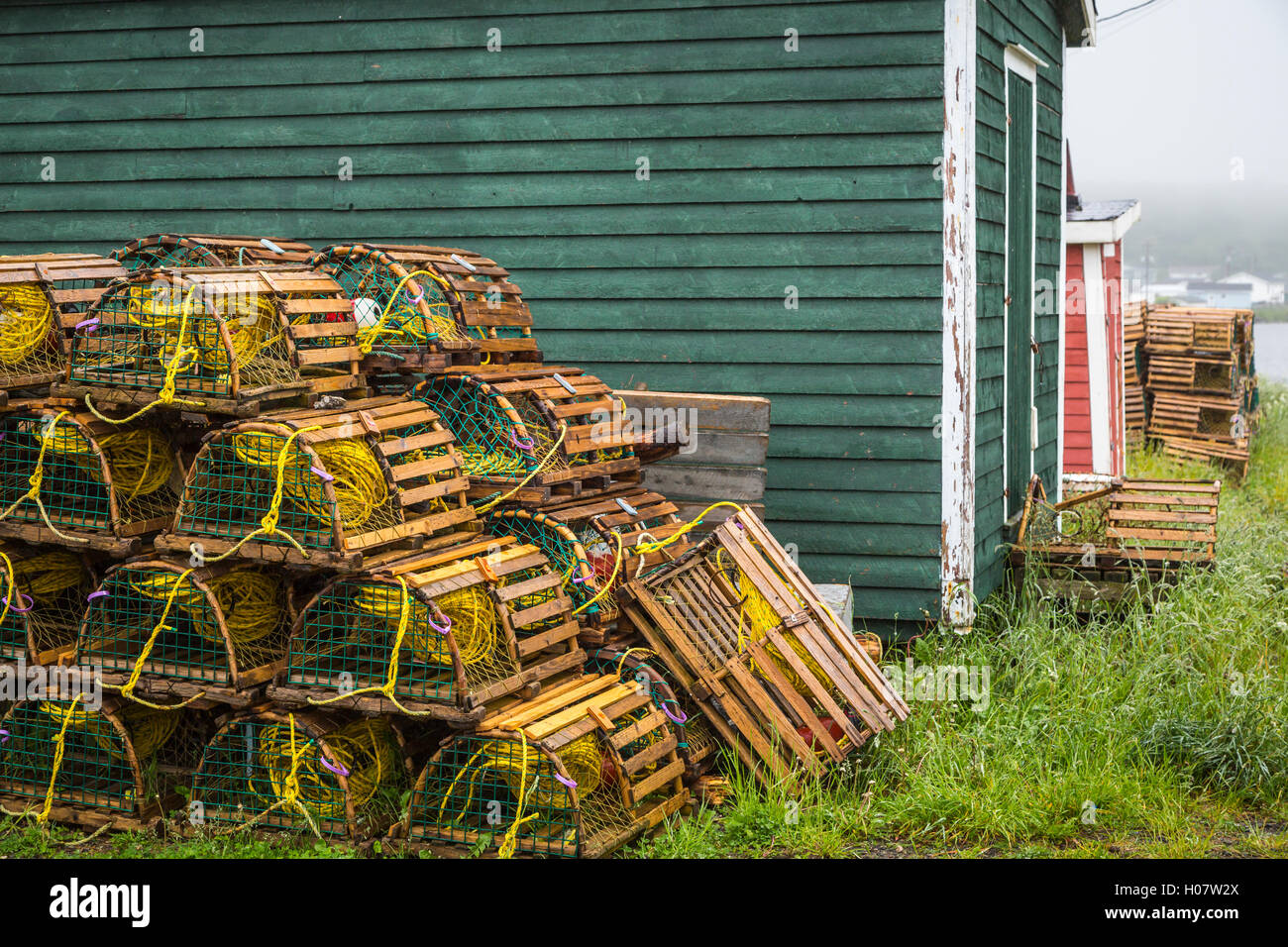 Fishing boats and lobster traps in the harbor at Trout River, Newfoundland and Labrador, Canada