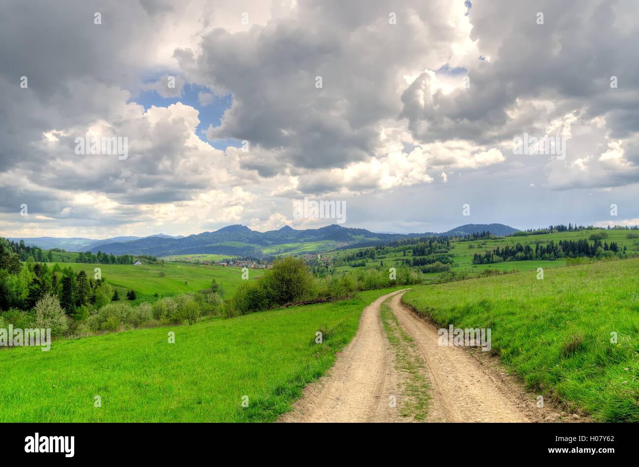 Spring mountain landscape. Mountain trail and forested hills. Stock Photo