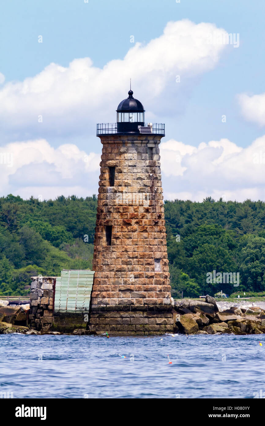 Whaleback Lighthouse on a sunny day along the Kittery, Maine coast. Stock Photo