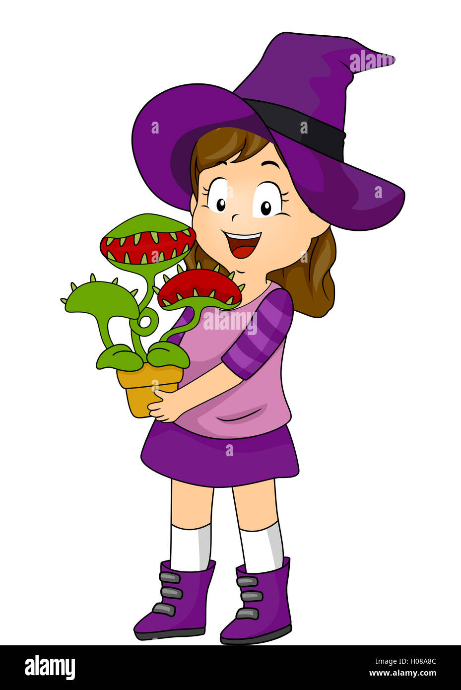 Illustration of a Little Girl in a Witch Costume Carrying a Pot of Venus Fly Trap Stock Photo