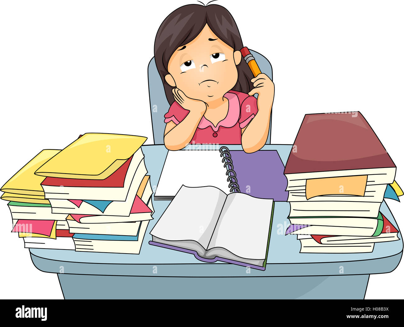 Illustration of a Little Girl Getting Bored While Studying Stock Photo -  Alamy