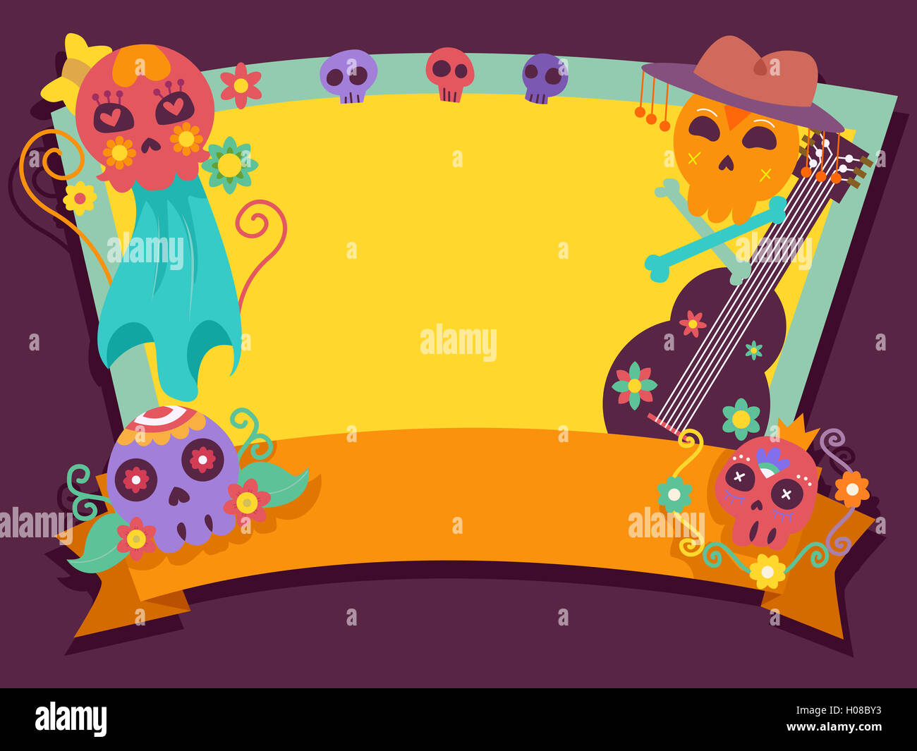 Illustration of a Frame Decorated with Sugar Skulls Stock Photo