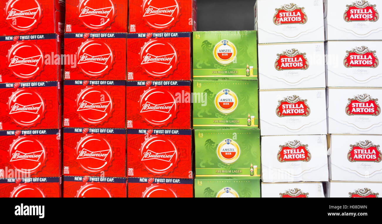 Cases of beer/lager in Tesco supermarket. UK Stock Photo
