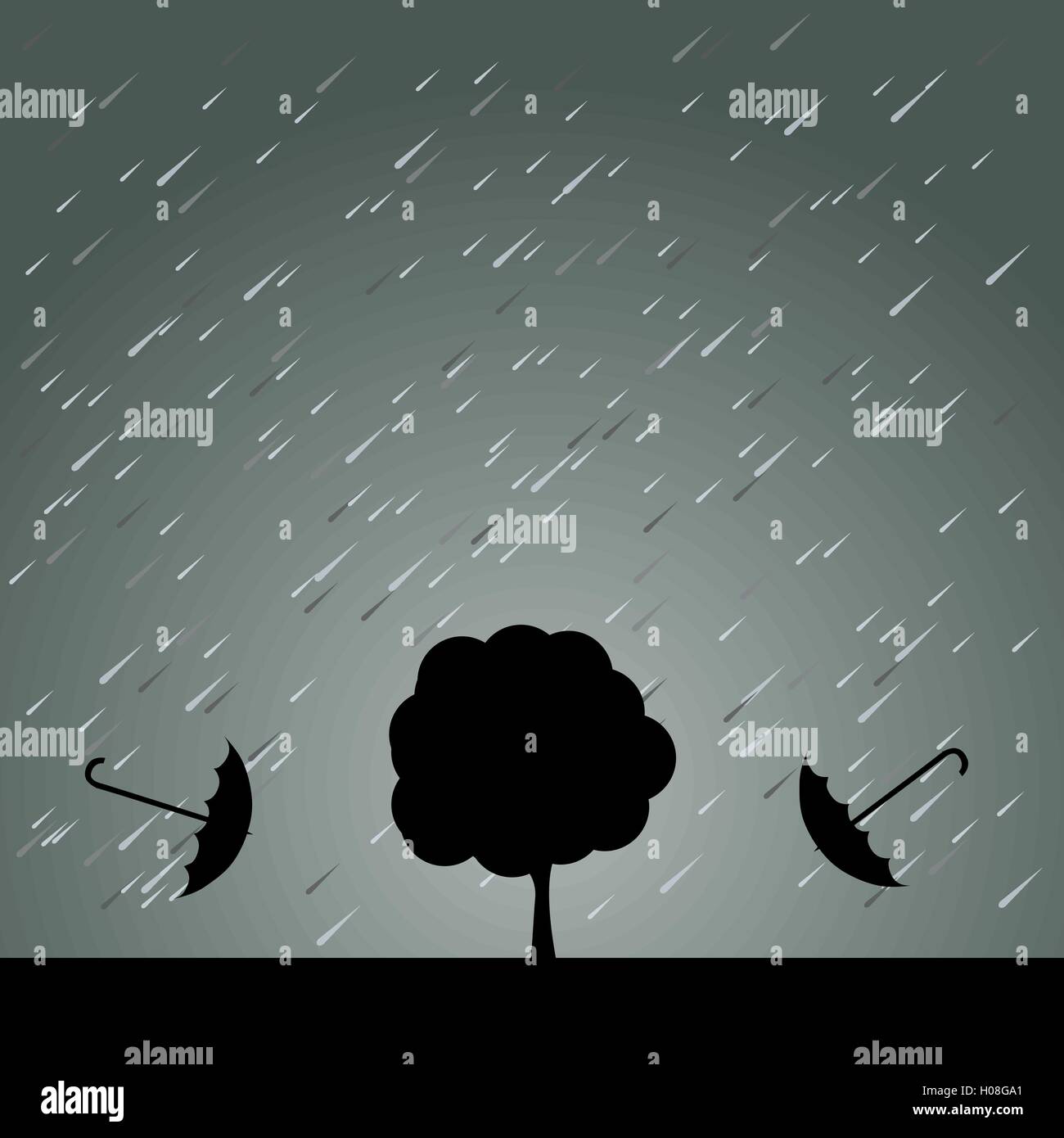 Rain, Umbrella and Tree. Vector Illustration. Stock Vector