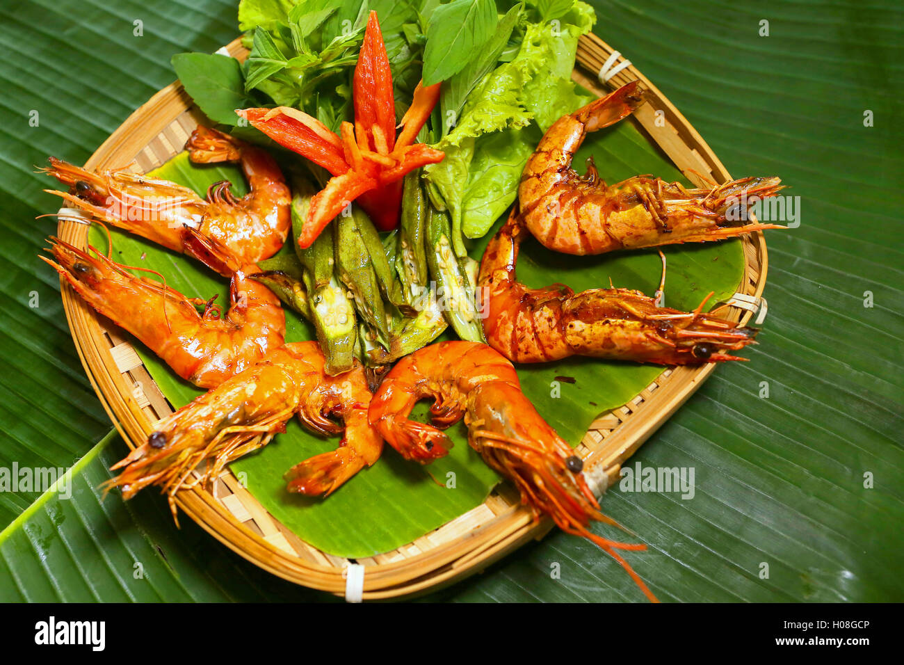 Grilled shrimp on vietnamese roof tile Stock Photo